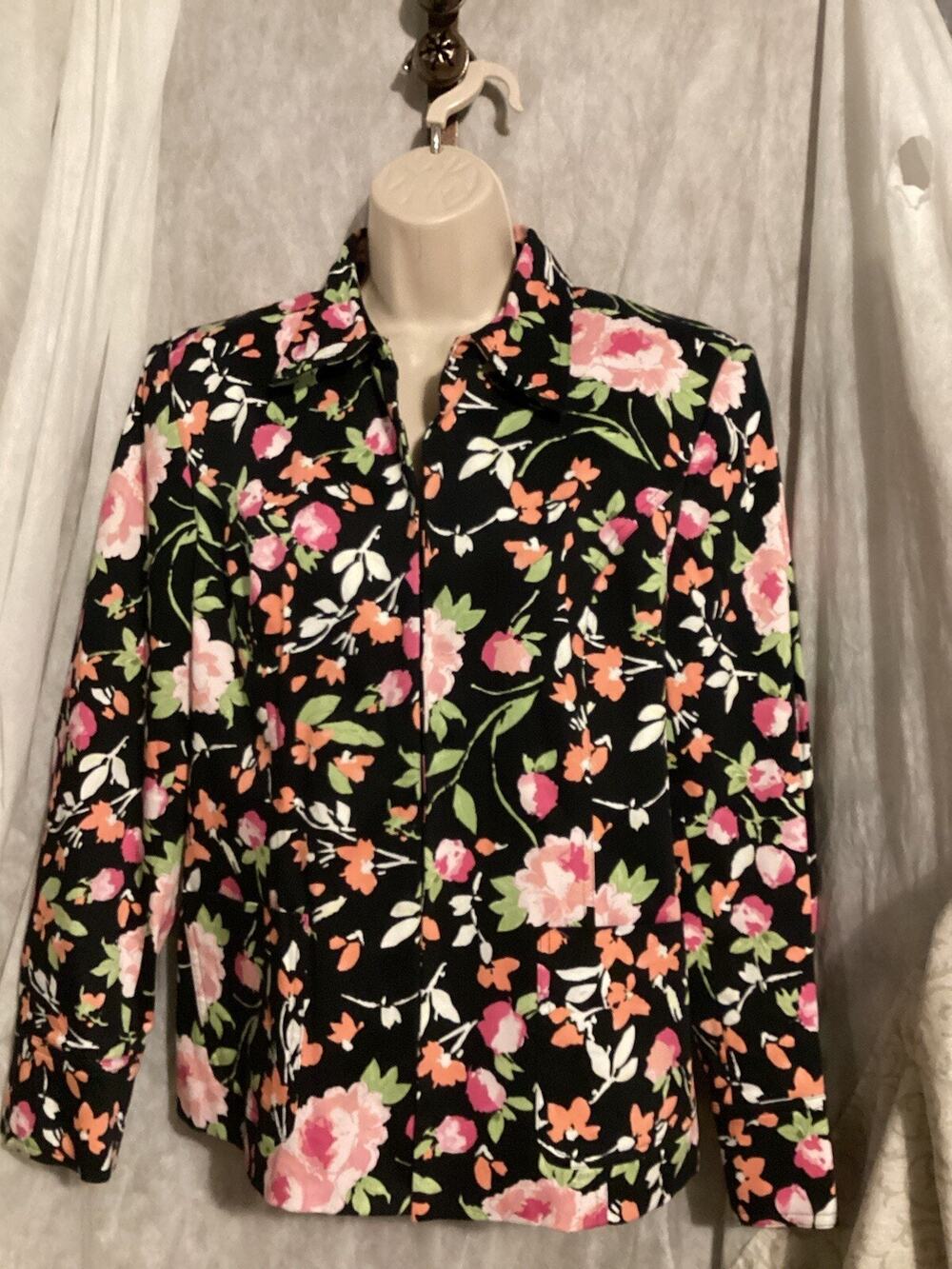 Liz Claiborne Full Zip Jacket SZ XL Black/Pink Floral 3/4 Sleeve Stretch Career